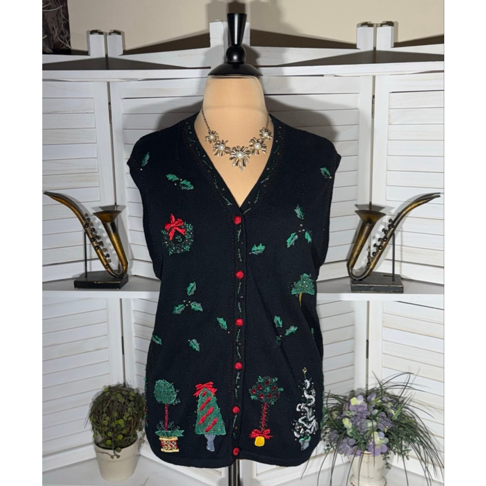 Vintage Christmas vest 3D embroidery beaded ugly sweater Holiday party cottage